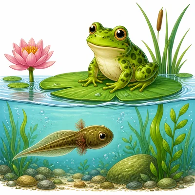 A tadpole with gills underwater and an adult frog on a lily pad.