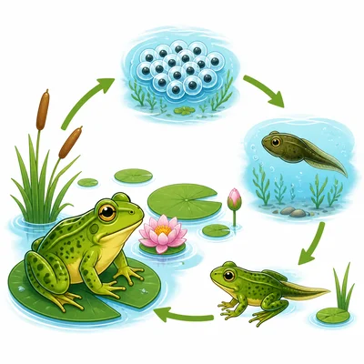 A frog changing through its life cycle stages.