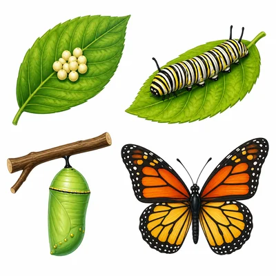 Butterfly eggs, caterpillar, chrysalis, and adult butterfly.