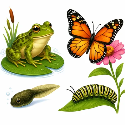 A tadpole differs from an adult frog, and a caterpillar differs from an adult butterfly.