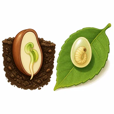 A seed and an egg shown as beginning stages of life cycles.