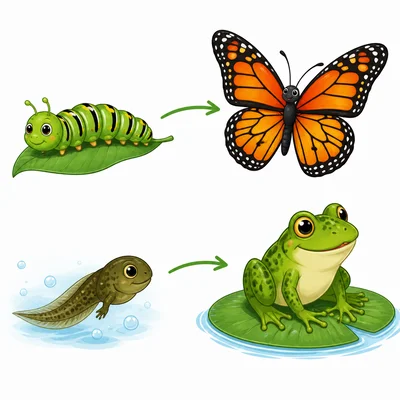 A caterpillar changes into a butterfly, and a tadpole changes into a frog.