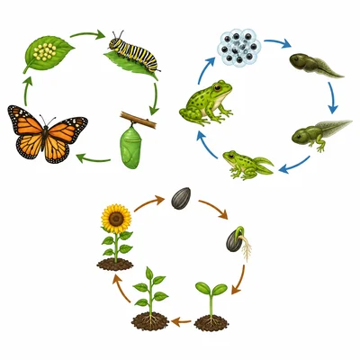 Example picture cycles for butterfly, frog, and plant life cycles.