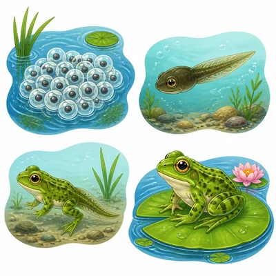 Frog eggs, tadpole, froglet, and adult frog.