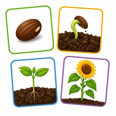 Seed, sprout, seedling, and flowering adult plant.