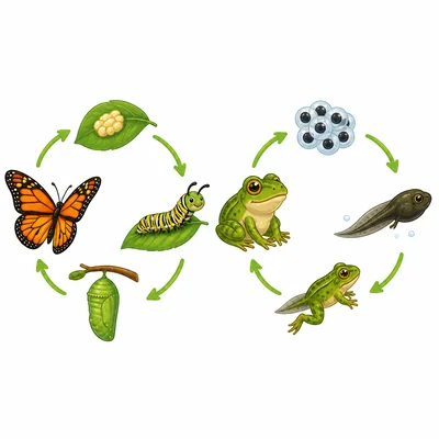 Butterfly and frog life cycles shown side by side.