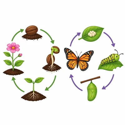 Plant and butterfly life cycles shown side by side.