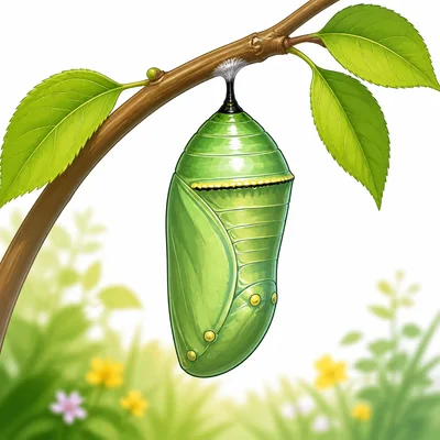 A chrysalis hanging from a twig.