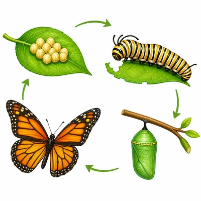 Eggs, caterpillar, chrysalis, and adult butterfly stages.