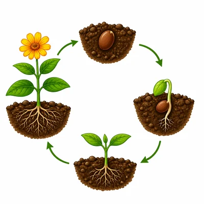 Seed, sprout, seedling, and adult flowering plant stages.