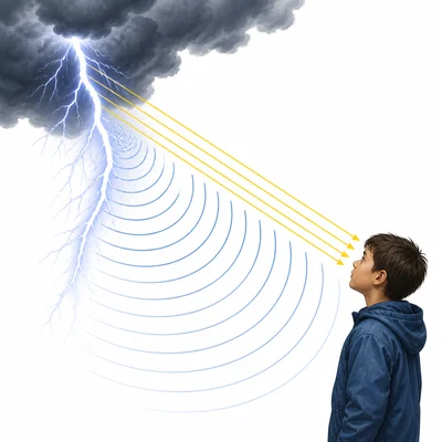 Lightning sends light rays and sound waves toward a child during a storm.