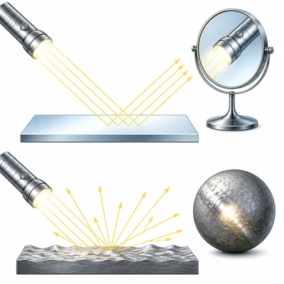 A smooth mirror reflects clearly while rough metal scatters light.