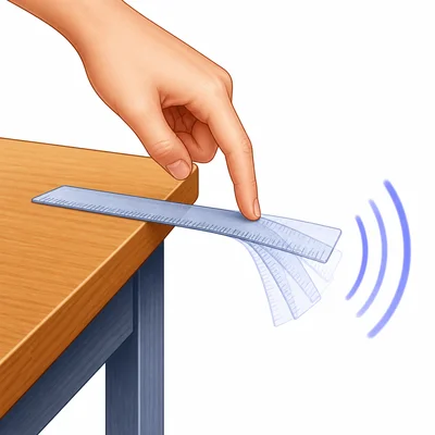 A plucked ruler vibrates over the edge of a desk and makes sound.