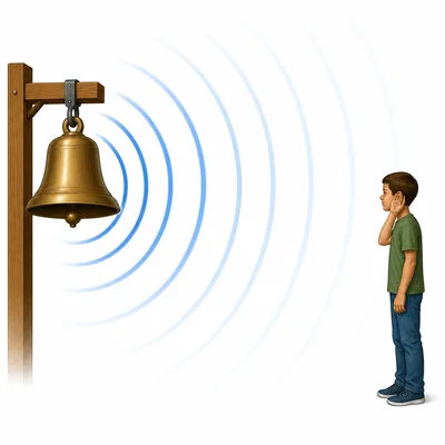 Sound waves from a bell grow weaker as they travel farther away.