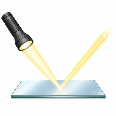 A flashlight beam reflects off a mirror at an angle.