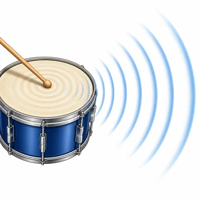 A struck drumhead vibrates and sends out sound waves.