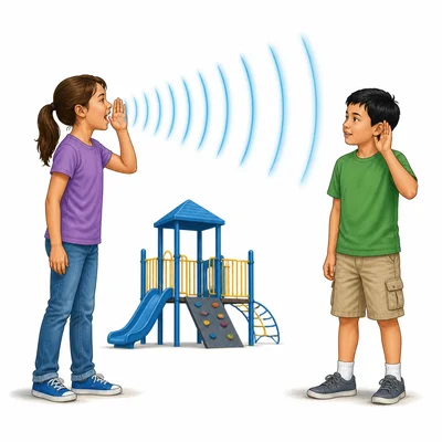 Sound waves travel through the air between two students on a playground.