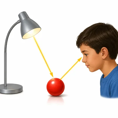Light from a lamp reflects off an object and reaches a child's eye.