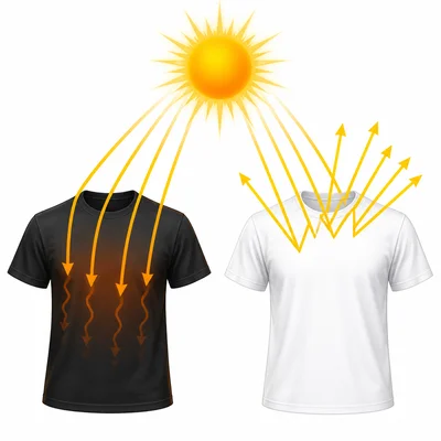 A dark shirt absorbs more sunlight while a white shirt reflects more sunlight.