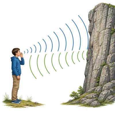 Sound waves bounce off a cliff and return to a child as an echo.
