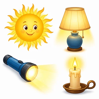 Several objects that give off light, including the sun, a lamp, a flashlight, and a candle.