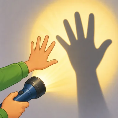 A hand close to a flashlight makes a large shadow on a wall.