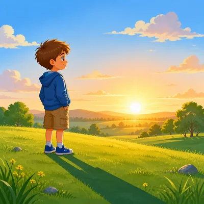 A child standing under a low sun casts a long shadow.