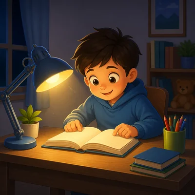 A child uses a lamp to see while reading a book.
