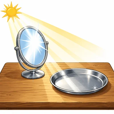 Sunlight reflects strongly from a mirror, somewhat from a metal tray, and weakly from wood.