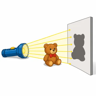 A flashlight, an object, and a wall are arranged to make a shadow.