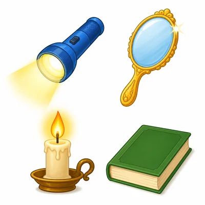 A flashlight, mirror, candle, and book, with the flashlight and candle giving off light.