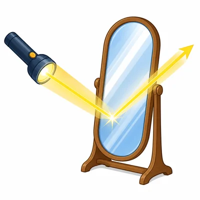 A beam of light hits a mirror and reflects away.