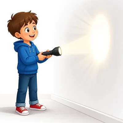 A flashlight shines on a white wall, making a bright reflected spot.