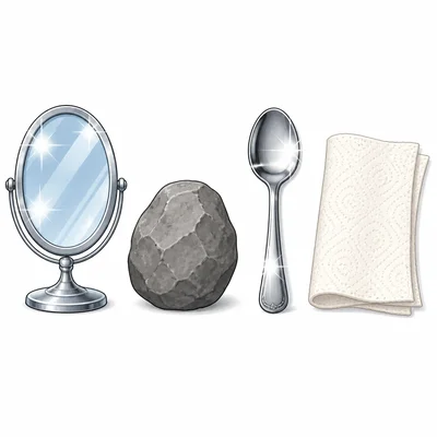 A mirror and spoon look shiny, while a rock and paper towel look dull.