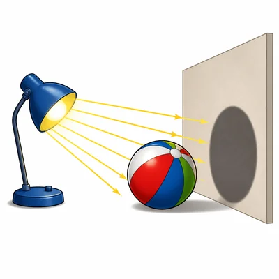 A ball blocks light from a lamp and creates a shadow on a wall.