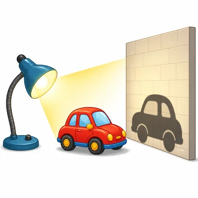 A toy car between a lamp and a wall makes a shadow on the wall.