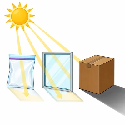 Light passes through clear objects but is blocked by a cardboard box, making a dark shadow.