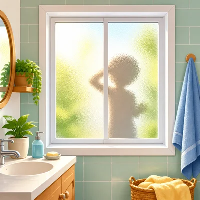 A frosted bathroom window that lets in light but blurs what is behind it.