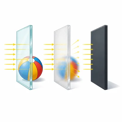 Three panels showing clear light passing, blurry light passing, and light being blocked.