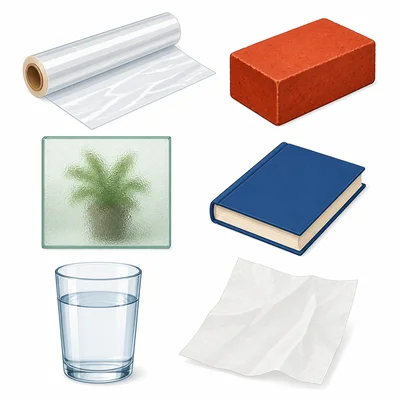 Six objects for sorting: plastic wrap, brick, frosted glass, book, water, and tissue paper.