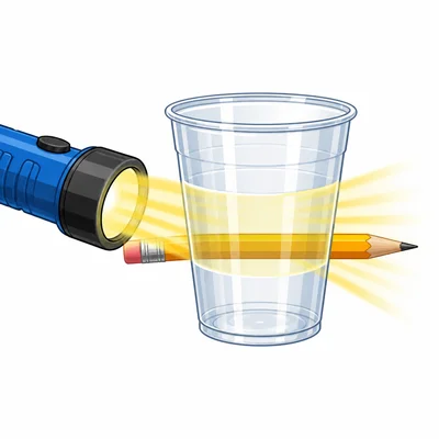 Light passing through a clear plastic cup with a pencil visible behind it.