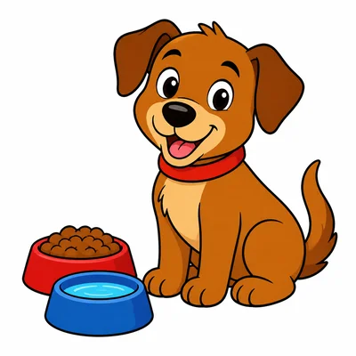 A brown dog sitting beside food and water bowls