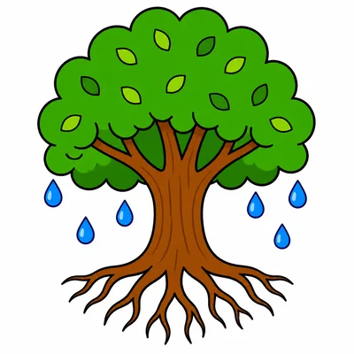 A tree with roots and water drops
