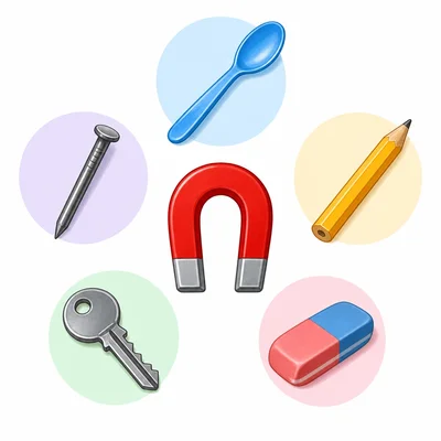 A magnet surrounded by a plastic spoon, nail, pencil, key, and eraser.
