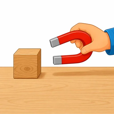 A magnet held near a wooden block that does not move.
