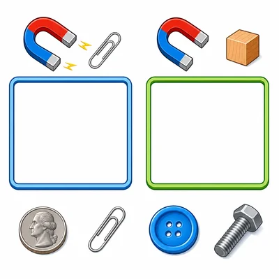 Two sorting bins with a coin, paper clip, button, and bolt ready to sort.