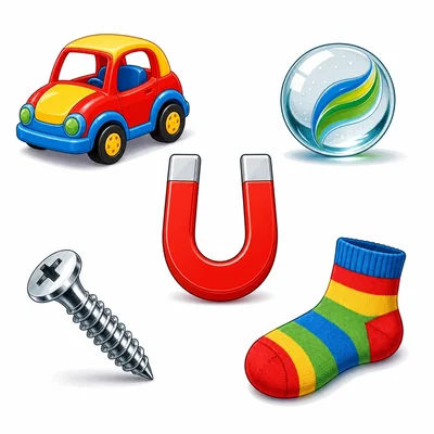 A magnet near a toy car, glass marble, steel screw, and cloth sock.