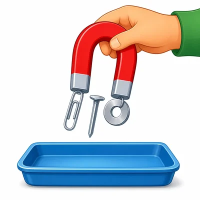 A magnet picking up a paper clip, nail, and washer from a tray.