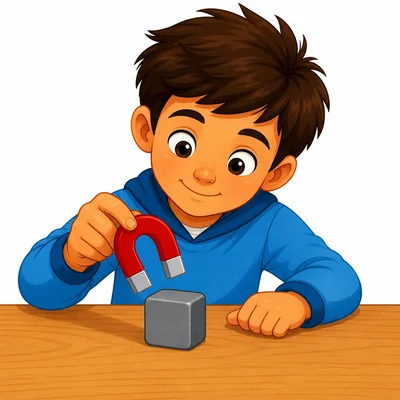 A child testing a mystery object with a magnet.