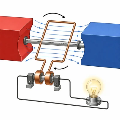 A simple generator with a rotating wire coil between magnets connected to an external circuit.
